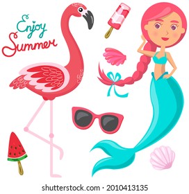 Enjoy summer banner with beautiful mermaid and pink flamingo. Ice cream, sunglasses and seashells on white background. Accessories for relaxation on beach. Cartoon nautical character summer attributes