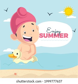 Enjoy summer banner design with Punjabi kid sitting on a duck