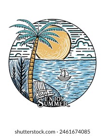 Genießen Sie Sommer in Strand Abenteuer Hand gezeichnete Linie Kunst T-Shirt Design Illustration