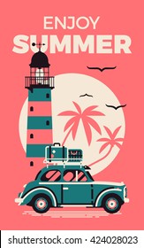 Enjoy Summer Beautiful Vector Poster Template With Retro Road Trip Car With Suitcases Luggage On Top Rack, Lighthouse And Sun With Palm Silhouettes. Retro Style Summer Vacation Banner. Road Trip