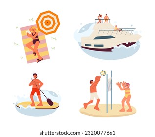 Enjoy summer break flat vector spot illustration set. 2D cartoon characters on white for web UI design. Volleyball sand. Reading book beach. Yacht party isolated editable creative hero image pack