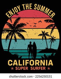 Enjoy The Summer, California Super Surfer, Retro Vintage Sunset Summer Beach T-shirt Design, Grunge, Distress, Palm, Poster, Beach Party, Surfboard