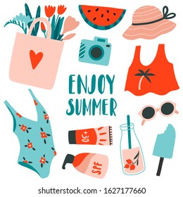 Enjoy summer card, banner. Hand drawn set. Cute swimsuit, sunglasses, bag with flowers, ice cream, sun screen, wattermelon, camera. Doodle sea vacation or holiday symbols. Beach elements collection