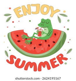 Enjoy summer card with cartoon frog and watermellon slice. Cute animal character sitting on a fruit and drinking fresh cocktail. Red, green and yellow colors. Vector design for banner, poster, print.
