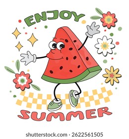 Enjoy Summer card with groovy watermelon, flowers. Funny fruit character with emotion, with arms, legs and face, in active pose. Red, green,yellow and black colors. Vector design for banners, posters.