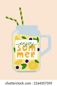 Enjoy summer card. Lemonade in glass with straws. Template for greeting card, poster, banner. Vector illustration