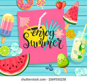 Enjoy Summer card with lettering on blue wooden background with lemonade, detox, watermelon, ice, donut, ice cream, lime and candy. Vector Illustration.