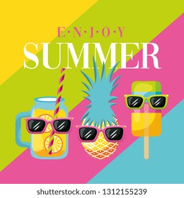 Enjoy summer card with pineapple juice and popsicle cartoons vector graphic digital image
