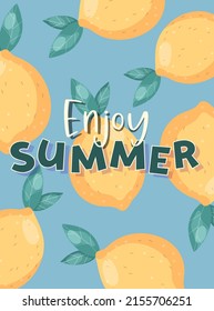 Disfruta de la plantilla de tarjetas de verano con limones. Ilustración vectorial en estilo plano para postales, afiches, gráficos, saludos, productos de recuerdo. 