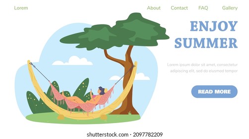 Enjoy summer cartoon vector banner. Woman wearing bikini swimsuit relax in the hammock outdoor. Female take sunbath in hammock outside, illustration.