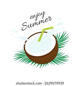 Enjoy the summer. A coconut cocktail composition with a drinking straw and sprinkles, decorated with tropical leaves on a white background. Vector illustration for summer design.