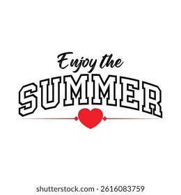 Enjoy summer colorful hand-lettering phrase. Handwritten seasonal vector calligraphy with doodle flowers. Creative design for t-shirt, logo, invitation, web banner, social media or print.