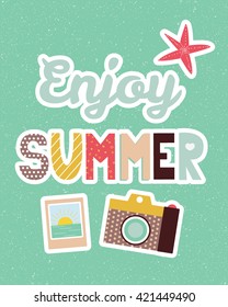 Enjoy Summer colorful Poster with camera, sea star and photo. Vector illustration.
