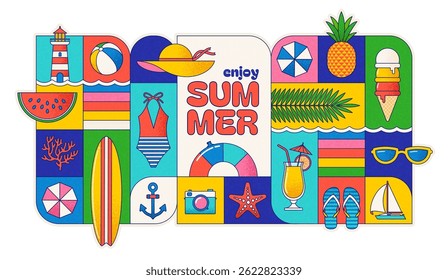Aproveite o verão - Colorful Vetor Collection of Beach Vacation and Tropical Holiday Essentials