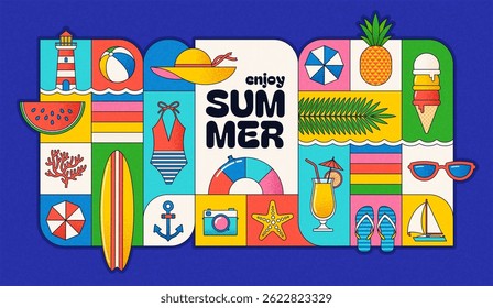 Enjoy Summer – Colorful Vector Illustration with Beach, Vacation, and Tropical Elements
