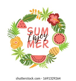 Enjoy summer Cute summer banner with tropical fruits flowers palm leaves. Decorative fruit wreath Vector element