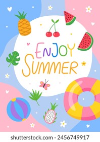 Enjoy summer. Summer cute bright poster banner, postcard, flyer, invitation. Swimming inflatable rings, tropical fruits, flowers, butterflies, cherry.  Blue and pink background. Vacation concept. 
