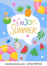 Enjoy summer. Summer cute bright poster banner, postcard, flyer, invitation. Vacation concept.  Swimming inflatable rings, tropical fruits, flowers, butterflies, palm leaves. Blue abstract background.