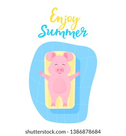 Enjoy summer. Cute pig on summer vacation swims and sunbathes on an inflatable water mattress in the pool. Funny animal. Piggy Cartoon Character.