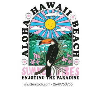 Enjoy summer day. Toucan paradise artwork. Summer vibes artwork. Surf club design. Tropical bird with palm tree graphic print design. Enjoy beach life. Summer vibes artwork.