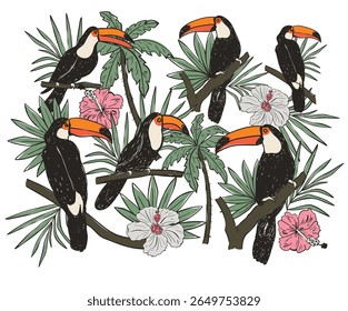 Enjoy summer day. Toucan paradise artwork. Tropical bird with palm tree graphic print design. Enjoy beach life. Summer vibes artwork.