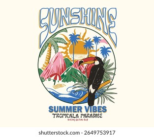 Enjoy summer day. Toucan paradise artwork. Summer vibes artwork. Enjoy beach life. Summer vibes artwork. Tropical bird, mountain with palm tree graphic print design.
