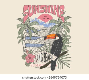 Enjoy summer day. Toucan paradise artwork. Summer vibes artwork. Surf club design. Enjoy beach life. Summer vibes artwork. Tropical bird with palm tree graphic print design. 