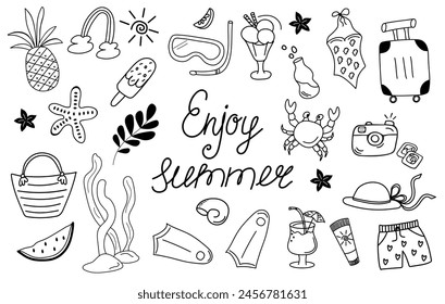 Enjoy summer doodle set. Hand drawn style.   Tropical palm flowers, fruits, pineapple, watermelon, ice cream, crab, shell icon collection. Summertime, traveling, beach concept.
