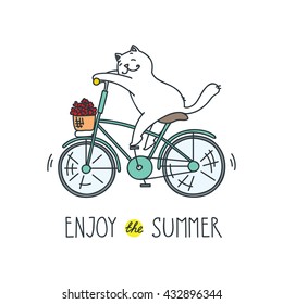 Enjoy the summer! Doodle vector illustration of funny white cat riding a bike