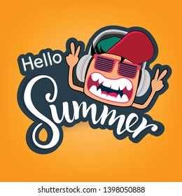 Enjoy summer. Summer emblems. Cartoon with sunglasses and headphones. Vector illustration.