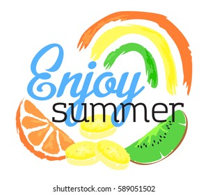 Enjoy Summer fruit sticker. Vector illustration in watercolor style, for graphic and web design.