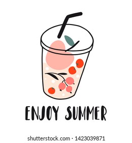 Enjoy summer. Fruits and berries fresh  cold beverage, juice, cocktail, lemonade. Smoothie to go. Hand drawn concept for menu, card, banner. Cute flat vector illustration. Detox, diet, healthy food