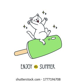 Enjoy the summer. Funny illustration of a happy white cat sitting on a flying ice cream. Vector 8 EPS.