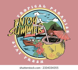 Enjoy summer. Good vibes t-shirt artwork. Palm tree, chair graphic print design. Coconut vector design. Summer retro graphic print design. Surfing board. Beach paradise.