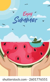 Enjoy Summer Graphic. Hands Holding Bitten Watermelon Against Flat Ocean Skyline with Boat. Vertical Vintage Holiday Greeting Art.