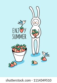 Enjoy summer greeting card. Baby bunny rabbit collects sweet strawberry in a bucket and little birds help him. Cute hand drawn animal characters and graphic elements for kids design on blue.