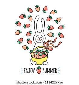 Enjoy summer greeting card. Bunny rabbit holds full basket of sweet strawberry.  Cute hand drawn animal character and graphic elements for kids design arranged in circle on white background.