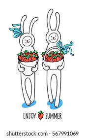 Enjoy summer greeting card. Cute hand drawn animal characters for kids design. Two little girl and boy rabbits with full basket and bucket of strawberry on white background.
