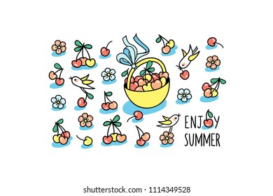 Enjoy summer greeting card. Full basket of sweet cherry is decorated by blue ribbon and bow.  Little birds pick berries and blooms. Cute hand drawn characters and graphic elements on white background.