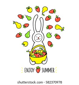 Enjoy summer greeting card. Happy fruit time. Bunny rabbit holds full basket of different fruits. Cute hand drawn animal character and graphic elements for kids design arranged in circle.