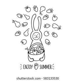 Enjoy summer greeting card. Happy fruit time. Bunny rabbit holds full basket of different fruits. Cute hand drawn animal character and graphic elements for kids coloring book arranged in circle. 