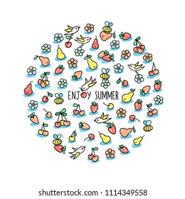 Enjoy summer greeting card. Little birds and bees pick fruits, strawberry, cherry, pear, and blooms.  Cute hand drawn characters and graphic elements arranged in circle on white background. 