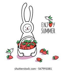 Enjoy summer greeting card. Little bird and bunny rabbit with basket of strawberry on white background. Cute hand drawn animal character and graphic elements for kids design. 