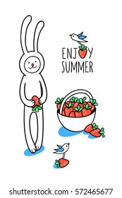 Enjoy summer greeting card. Little bird and bunny rabbit with full basket of strawberry on white background. Cute hand drawn animal character and graphic elements for kids design. 