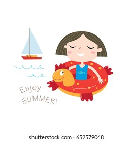 Enjoy summer Greeting card in vector. Summer child's outdoor activities. Beach holiday. Happy childhood.