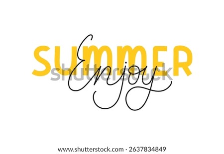 Enjoy Summer hand drawn words with editable stroke. Black script in one line art style. Black yellow drawing of summertime phrase. Quote for inspiring posters, social media post. Artistic playful font