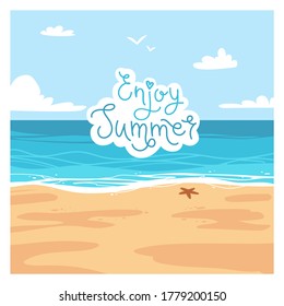 Enjoy summer hand lettering with paradise beach view on background. Flat cartoon vector illustration for vacation or travel concept. Design for card, poster, social media, web banner or print.