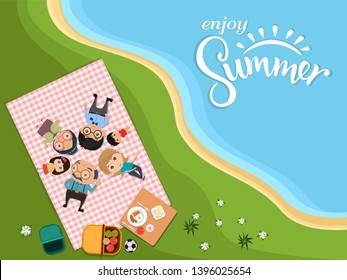 Enjoy Summer, Happy family picnic in outdoor modern flat style in green meadow Top view. vector illustration.