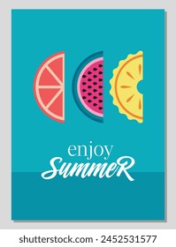 Enjoy summer. Hello summer. Summer vibes.  Summer card or poster concept in flat design. Fruit illustration in geometric style. Vector illustration.
