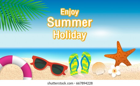 Enjoy summer holiday background. Lifebuoy, sunglasses, starfish, shell, flip flop, flower and leaf on sand beach. Season vacation, weekend. Vector Illustration.